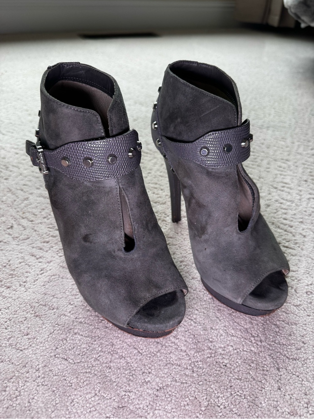 Michael Michael Kors Ailee Gray Suede Open-Toe Stiletto Booties with studs